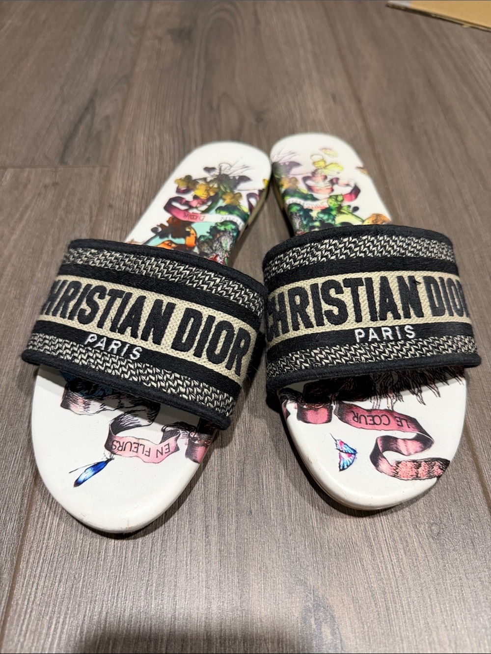 Dior Black & White Christian Dior Logo Slide Sandals with Floral Insole
